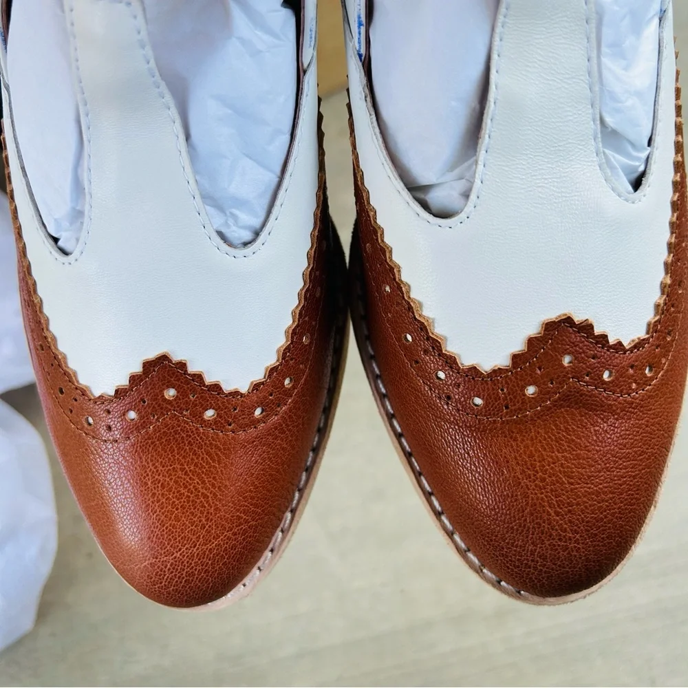 Anthropologie Wingtip Brown White Leather Mary Janes All Black Belted Wings NWT - Picture 14 of 16